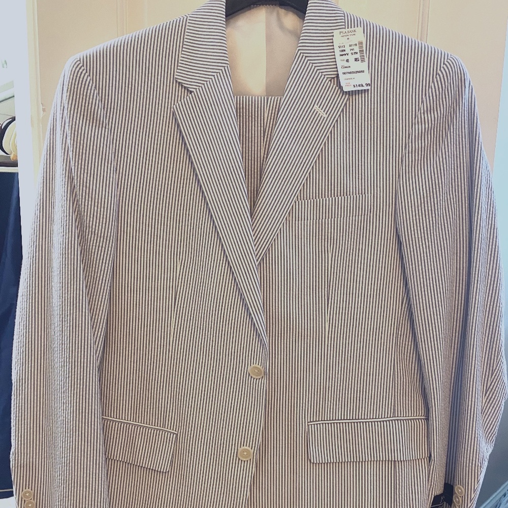 Men's Blue and White Pinstripped Seersucker Suit